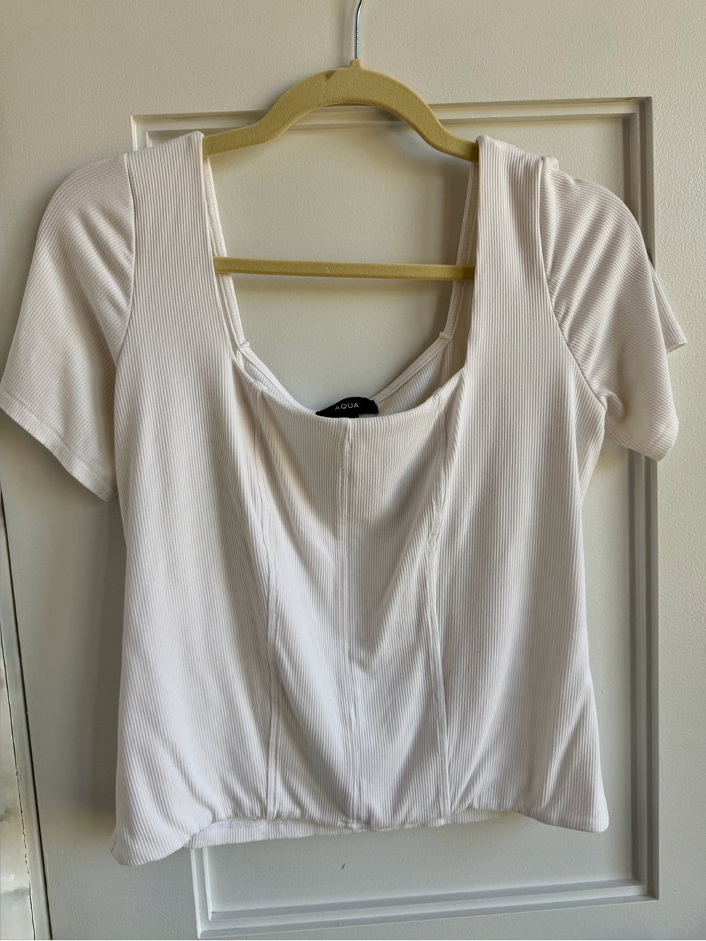 Aqua Cream Ribbed Scoop-Neck Short Sleeve Top